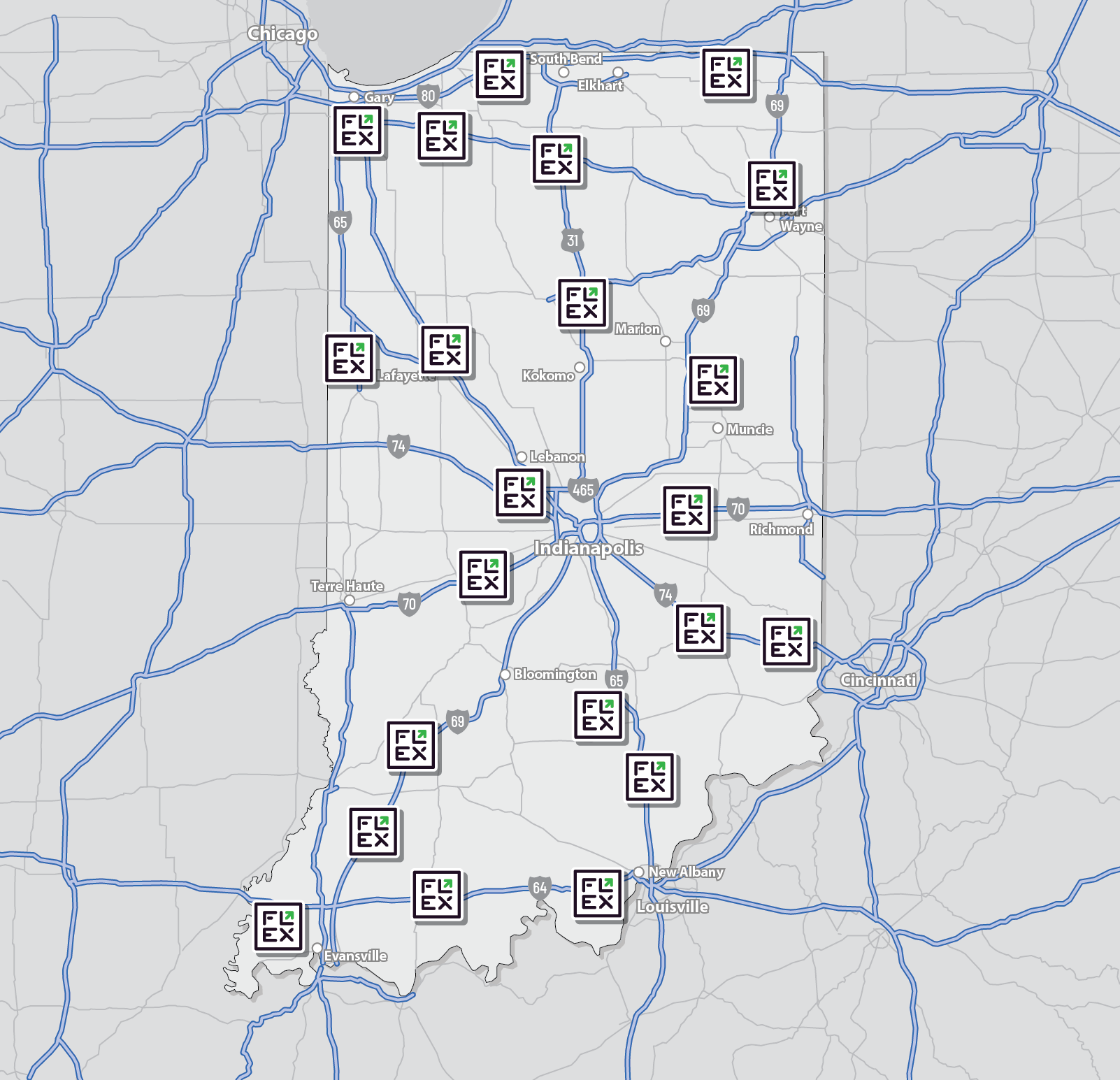 Indiana map showing FLEX site locations